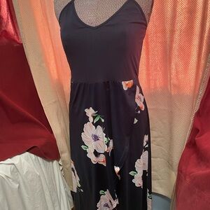 Floral navy blue Maxi Dress size medium front slit spaghetti straps beach wear